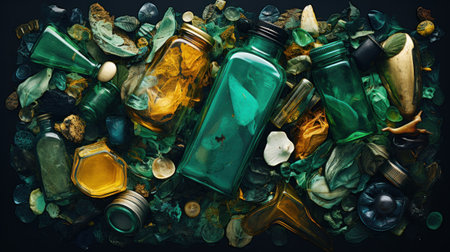 A bunch of bottles and jars are laying on top of each other, AIの素材