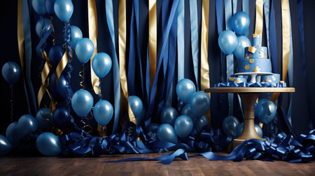 A cake is on a table with blue and gold balloons, AIの素材