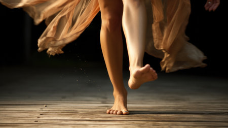 A womans bare feet are walking on a wooden floor, AIの素材