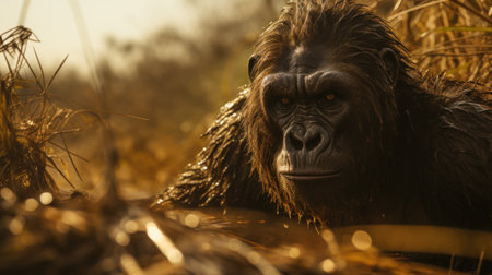 A gorilla is standing in the grass with his eyes closed, AIの素材