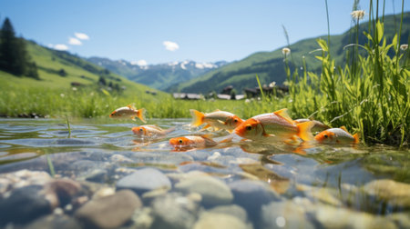 A group of goldfish unnaturally swimming in air over pond near grass and rocks, AIの素材
