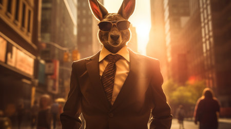 A rabbit wearing a suit and sunglasses standing in the middle of town, AIの素材