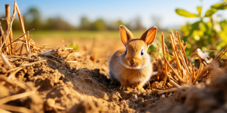 A small rabbit sitting in the dirt near some plants, AIの素材