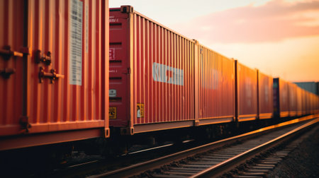 A train is traveling down the tracks at sunset, AIの素材