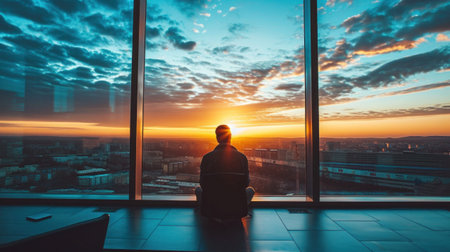 A person sitting in front of a window looking out at the sunset, AIの素材