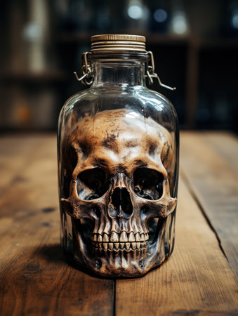A glass jar with a skull inside on top of wooden table, AIの素材