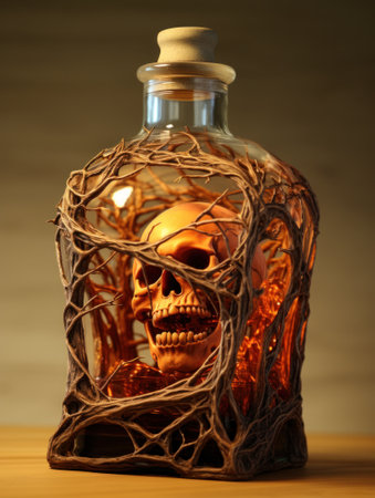 A skull is in a glass jar with vines and leaves, AIの素材