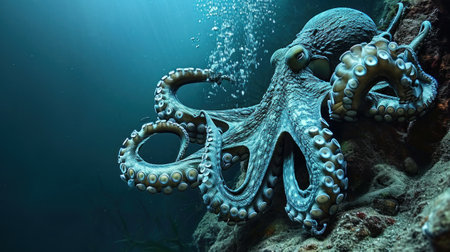 An octopus is swimming in the ocean with bubbles coming out of its mouth, AIの素材