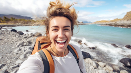 A woman taking a selfie on the beach by some rocks, AIの素材