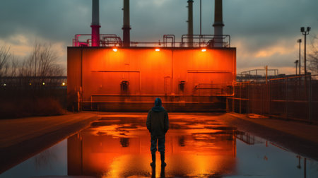 A person standing in the middle of a puddle with orange lights, AIの素材