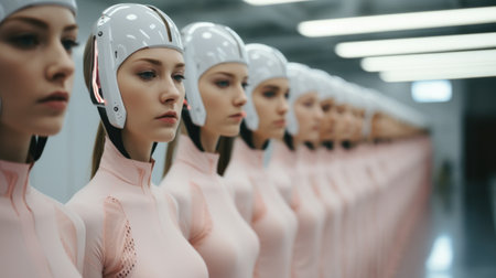A row of women in white helmets lined up next to each other, AIの素材