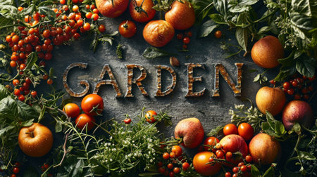 A large group of fruits and vegetables arranged in the word garden, AIの素材