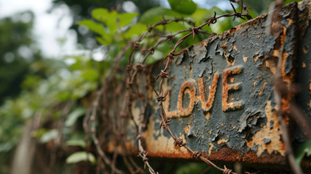 A rusty sign with the word love written on it among barbed wire, AIの素材