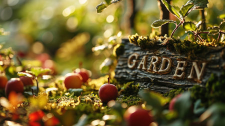 A garden sign surrounded by apples and other vegetation, AIの素材