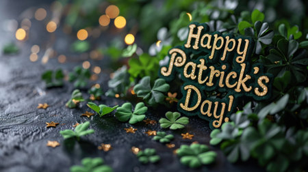 A close up of a happy st patricks day sign surrounded by green leaves, AIの素材