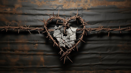 A heart shaped piece of barbed wire with a hole in it, AIの素材
