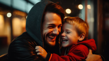 A man and his son hugging each other in a dark room, AIの素材