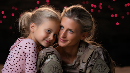A woman in military uniform hugging a little girl with pink lights, AIの素材