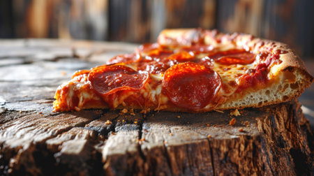 A slice of pepperoni pizza sitting on top a piece of wood, AIの素材