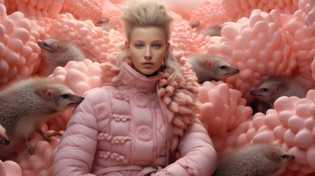 A woman in pink jacket surrounded by hedgehogs and other animals, AIの素材
