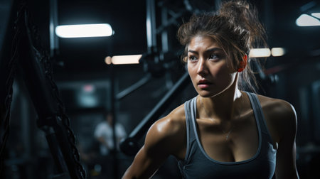 A woman in a gym with her hands on the bar, AIの素材