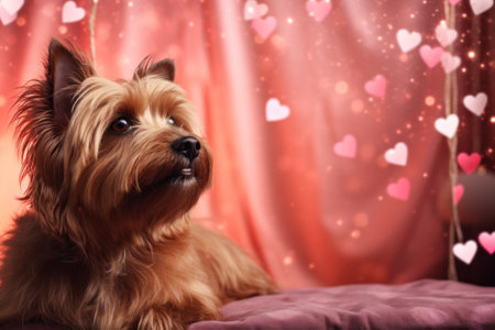 A dog sitting on a bed with hearts in the background, AIの素材