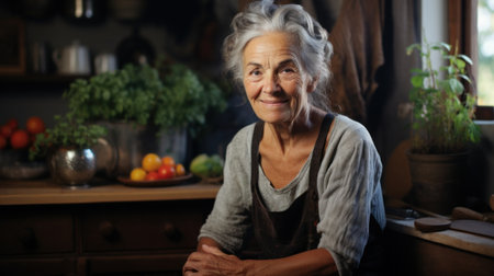 A woman sitting in a kitchen with pots and pans on the counter, AIの素材