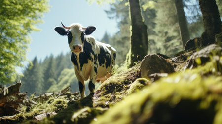 A cow standing on a grassy hillside in the woods, AIの素材