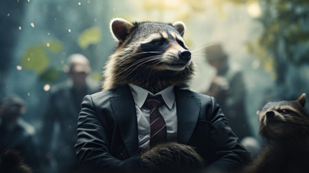 A raccoon dressed in a suit and tie with other animals, AIの素材