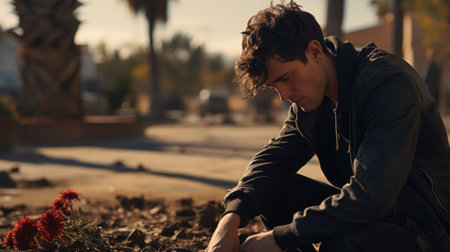A sad man sitting on the ground next to a grave with a flower in his hand, AIの素材