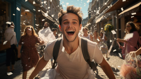 A man with a backpack and white shirt running down the street, AIの素材