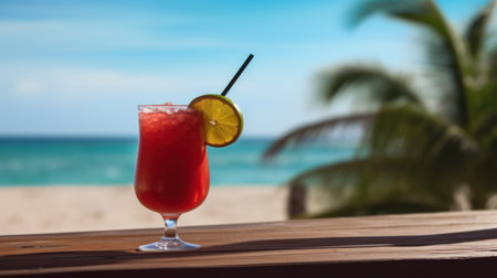 A drink with a lime wedge and straw on the beach, AIの素材