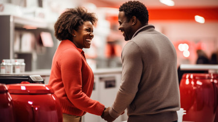 A man and woman shaking hands in a store with red counters, AIの素材