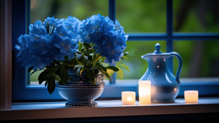 A vase of blue flowers in a pitcher on the window sill, AIの素材