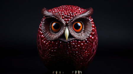 A red owl statue with orange eyes and a black background, AIの素材