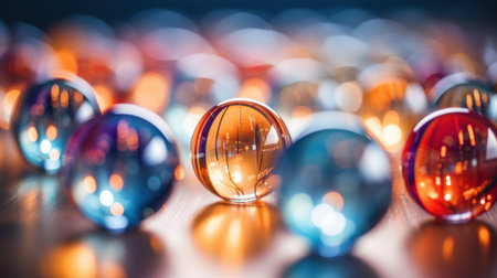 A group of colorful glass balls are arranged on a table, AIの素材