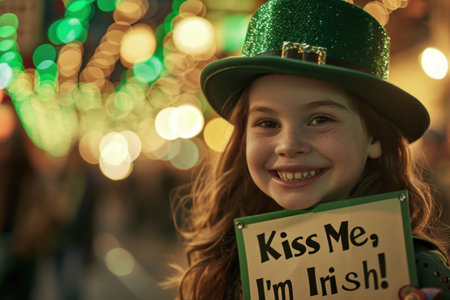 A little girl in a green hat holding up a sign, AIの素材