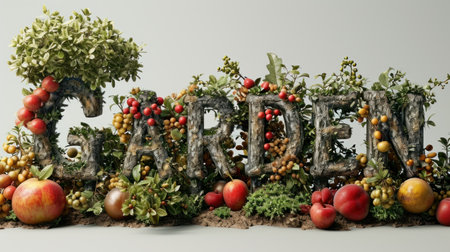 A large wooden sign with fruits and vegetables in the background, AIの素材