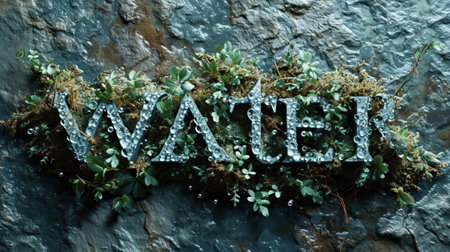 A sign made of moss and plants with the word water, AIの素材