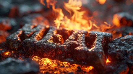 A close up of a piece of meat being cooked on fire, AIの素材