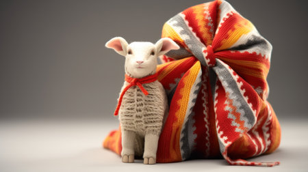 A small white sheep with a red ribbon tied around its neck, AIの素材