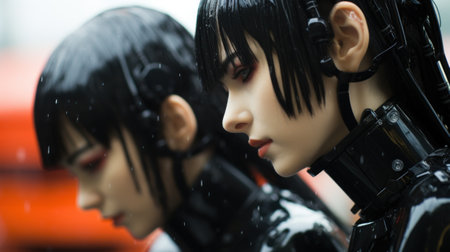 A close up of two female androids with black hair and red eyes, AIの素材