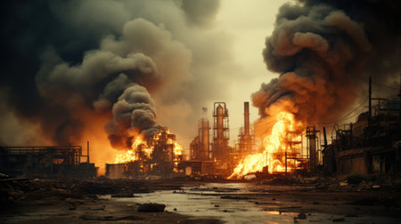 A large industrial plant with a lot of smoke coming out, AIの素材