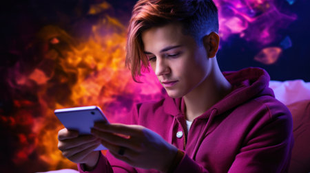 A young man in a red hoodie looking at his phone, AIの素材