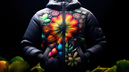 A jacket with a colorful flower design on it is shown, AIの素材