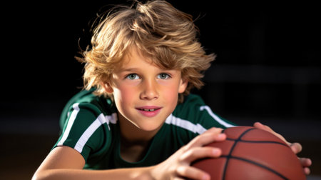 A young boy laying on a basketball court with his hand over the ball, AIの素材