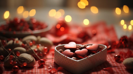 A heart shaped candies are in a bowl on top of red and white checkered table cloth, AIの素材