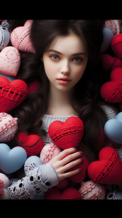 A woman with long dark hair surrounded by many hearts, AIの素材