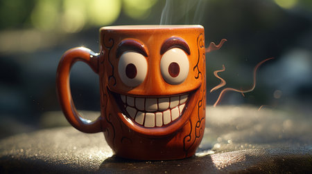 A close up of a coffee mug with an orange face, AIの素材