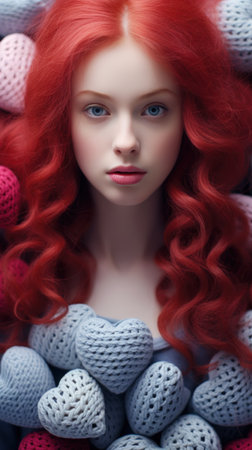 A woman with red hair surrounded by a bunch of hearts, AIの素材